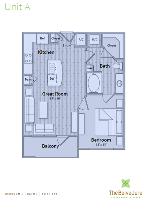 Floor plan for 1 bed, 1 bath, 670 sqft
